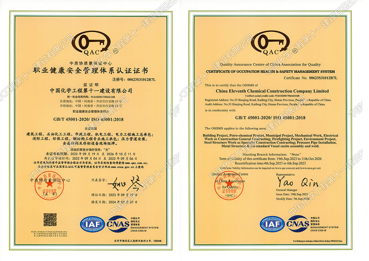 Occupational Health and Safety Management System Certification Certificate